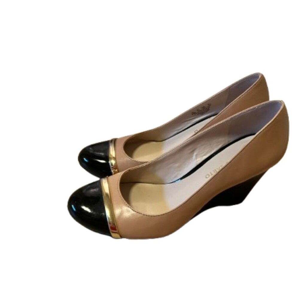 Franco Sarto Tan Wedge with Black & Gold Toe - Leather - 8.5